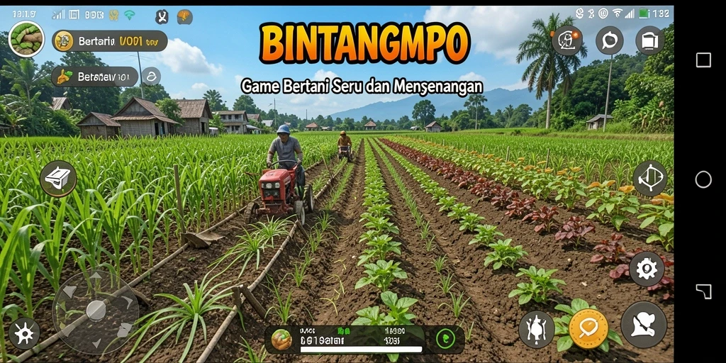 Antarmuka BINTANGMPO menampilkan aktivitas bertani yang menyenangkan.