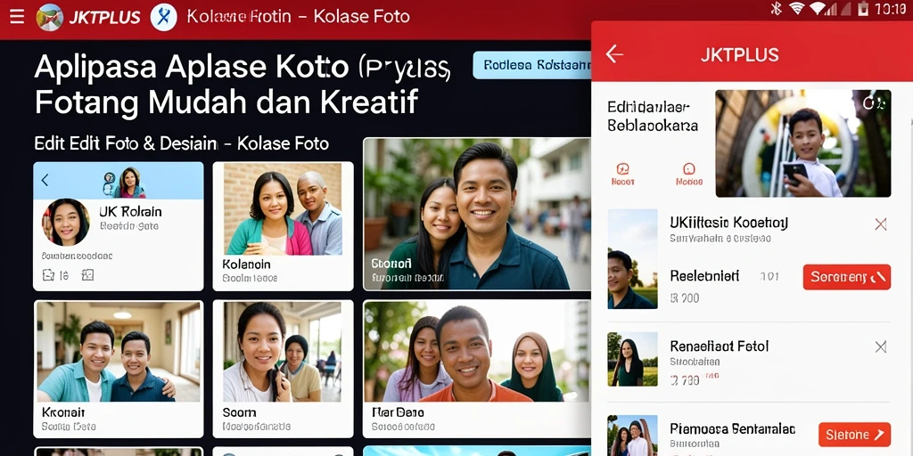 Tampilan antarmuka JKTPLUS dengan berbagai fitur kolase foto.